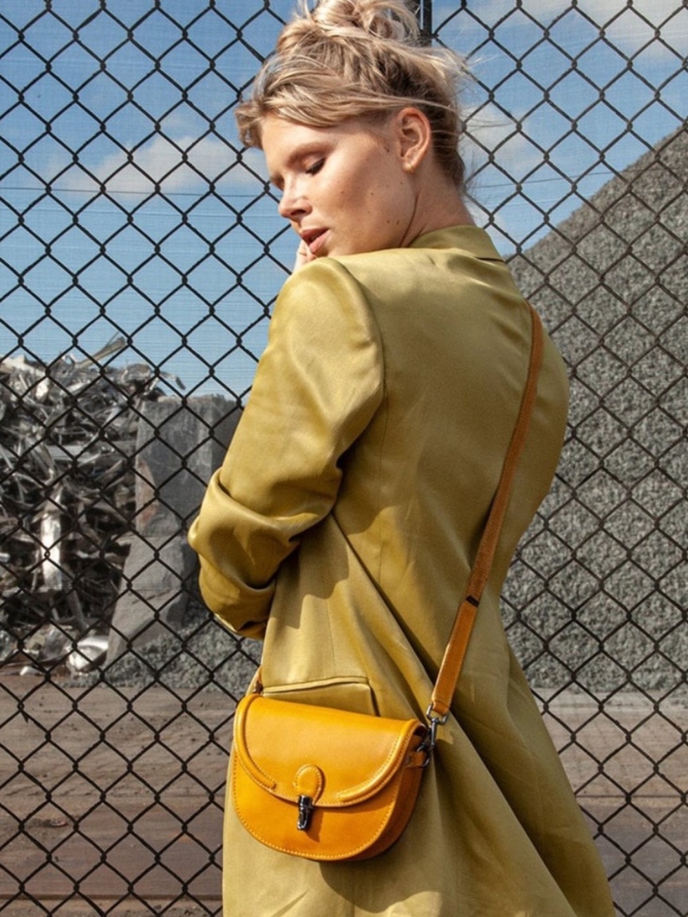 Saddle Crossbody Bag in Mustard Leather with Adjustable Strap